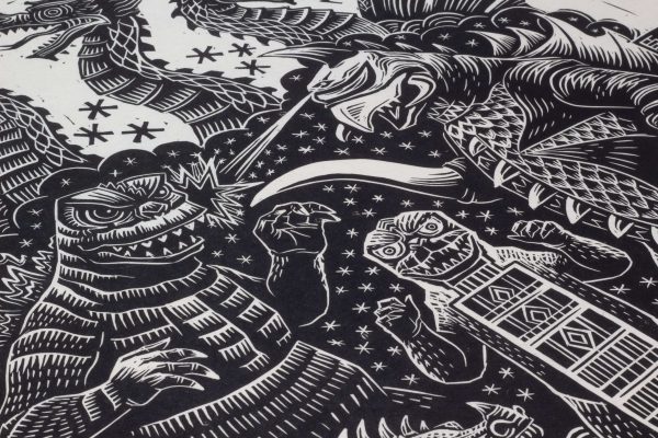 Godzilla vs Gigan Linocut Poster Online Hot Sale - Image 3