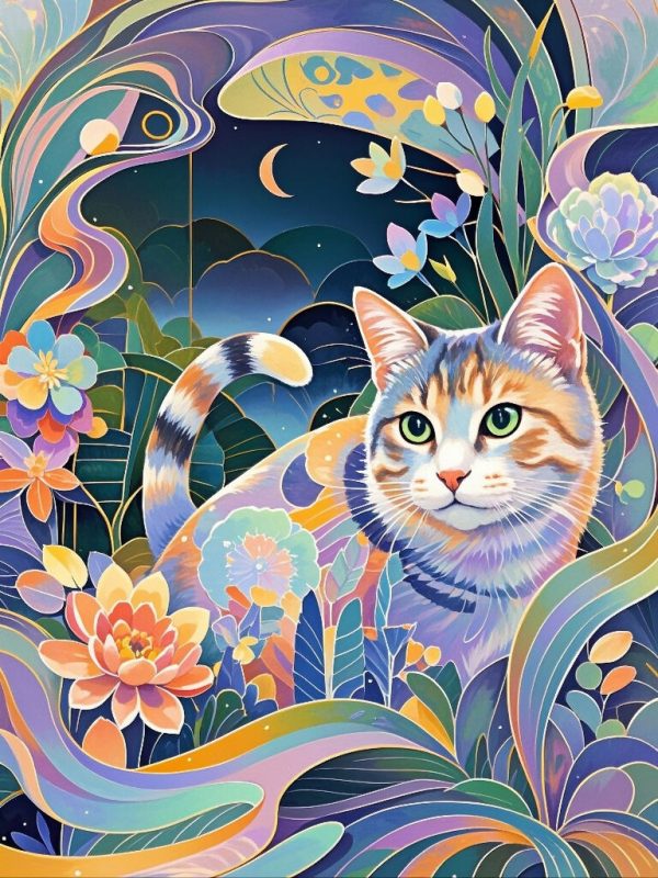 Geometric Feline No.8 – Whisperer of Blooming Dreams on Sale